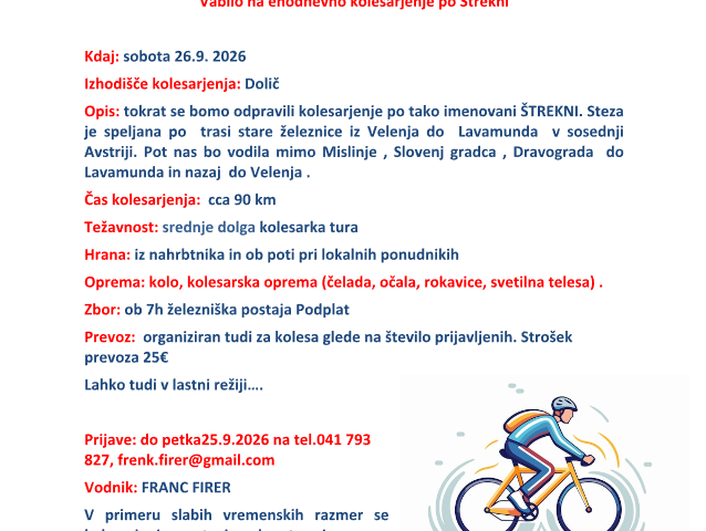 Vabilo: Enodnevno kolesarjenje po Štrekni